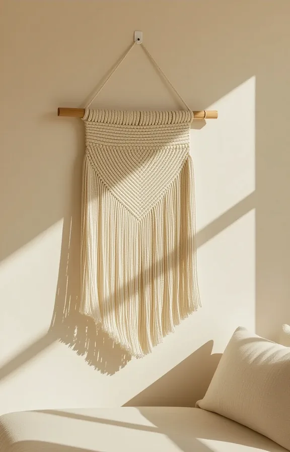 Medium wide shot large loose weave wall hanging