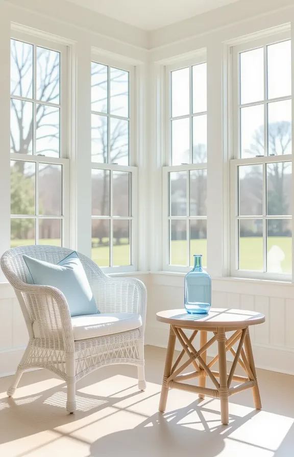 Medium shot bright sunroom with white painted walls