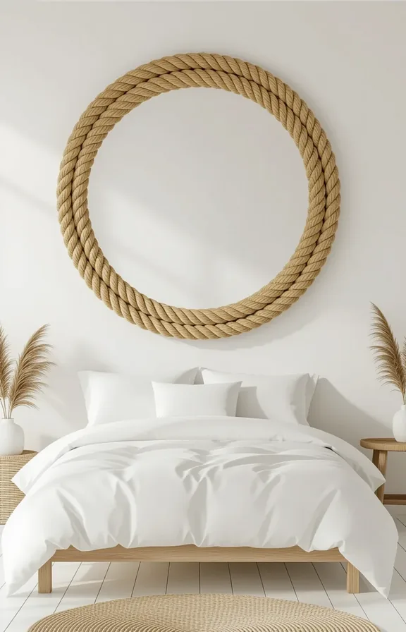 Medium shot plain white wall bedroom. large round