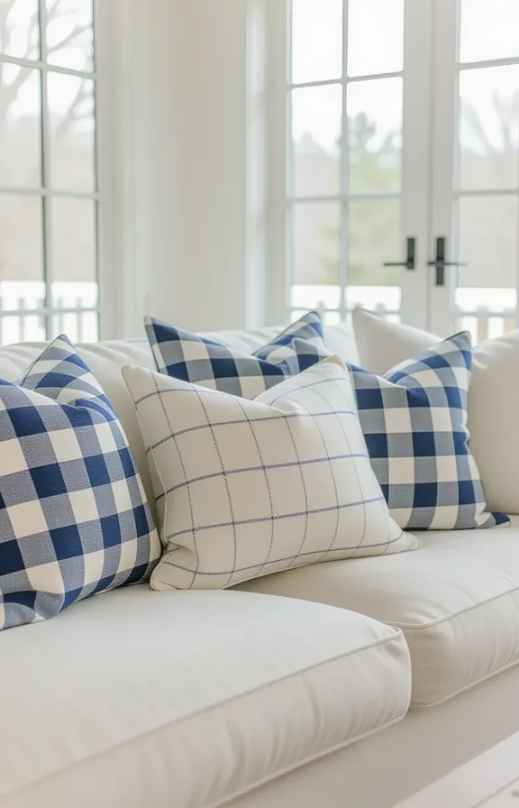 Detail shot cream linen sofa piled with throw