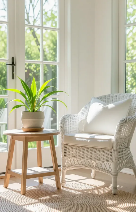Three-quarter view corner sunroom living room. classic white