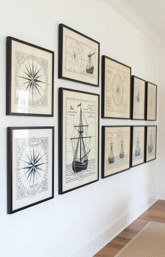 Eye-level view gallery wall plain white wall. Several