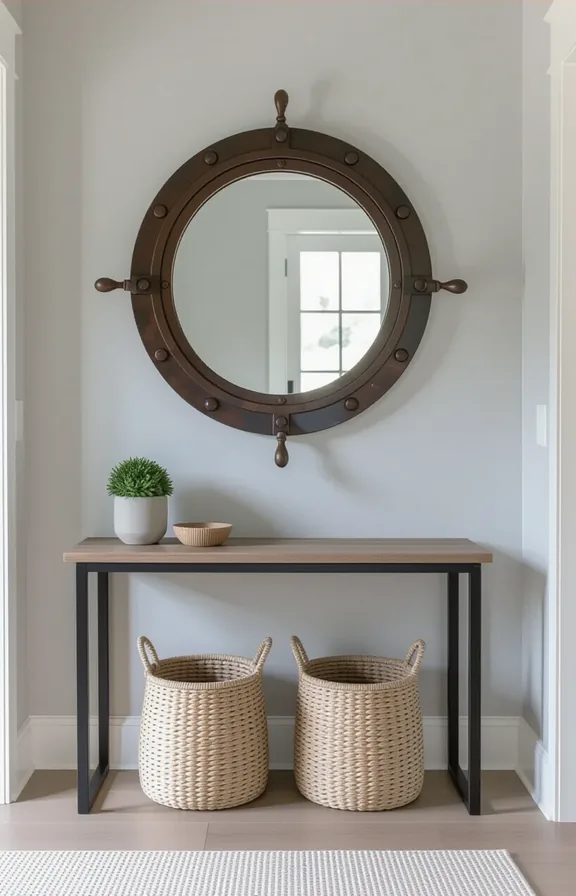 Medium shot entryway with plain light grey walls.