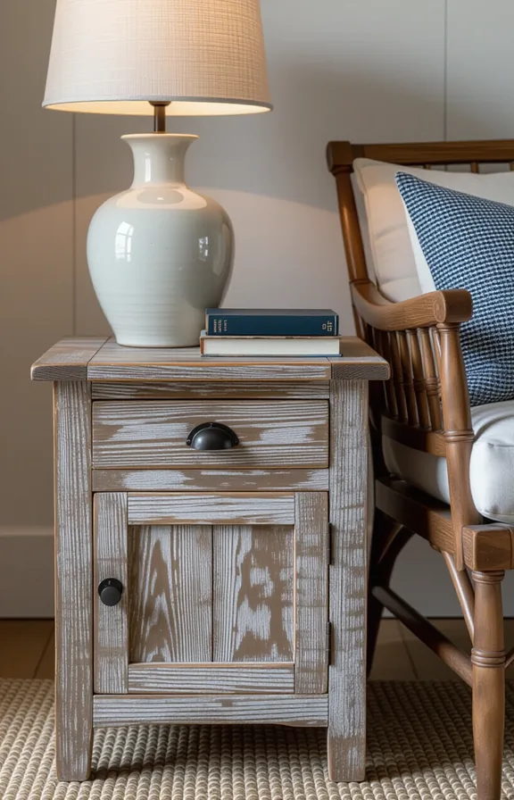 three-quarter view weathered wood side table next chair.