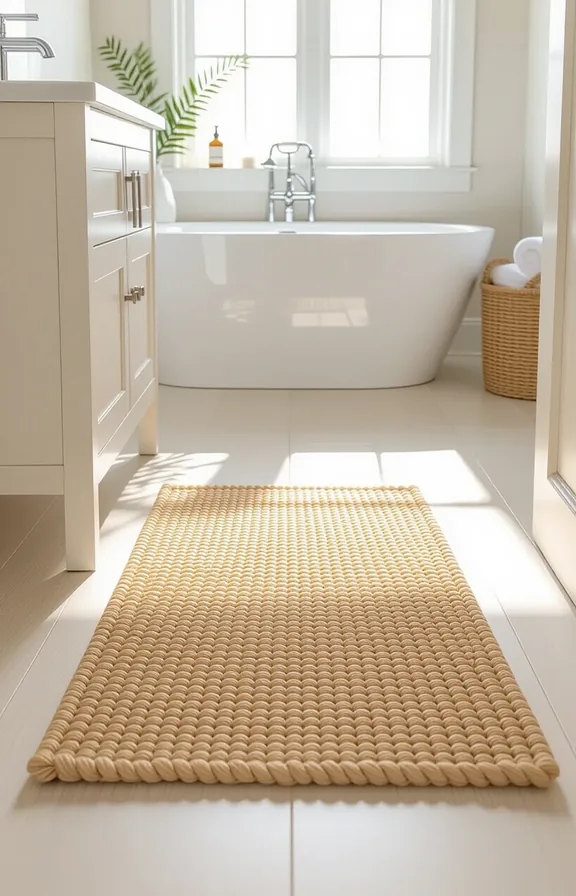 Medium wide shot bathroom floor with large natural