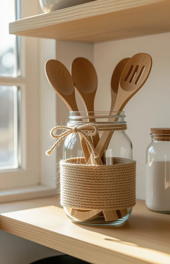 Detail wooden kitchen shelf. clear glass jar with
