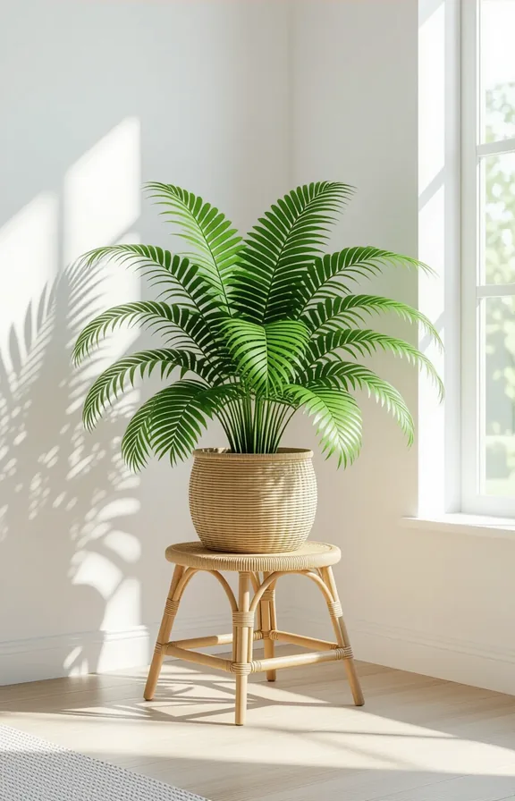 Three-quarter view bright corner living room. large lush