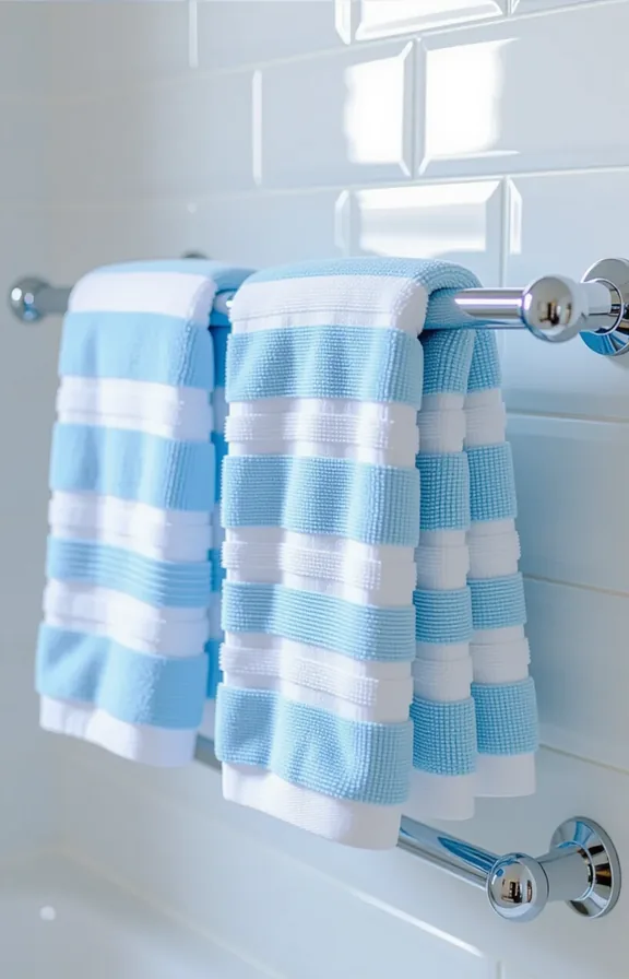 three-quarter view bathroom towel rail. Several pale blue
