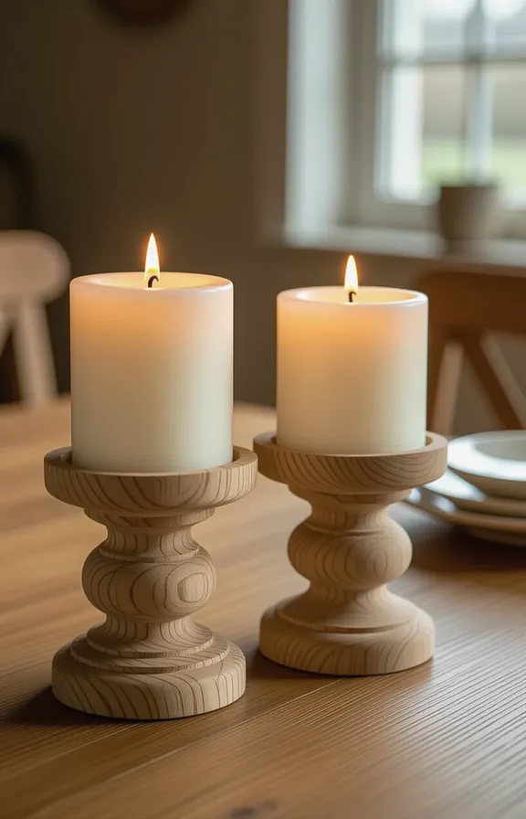 Detail wooden dining table. pair unfinished wood candle