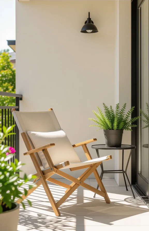 Medium wide shot small patio balcony. comfortable canvas