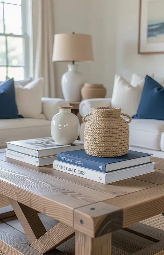 three-quarter view driftwood-style coffee table living room. The