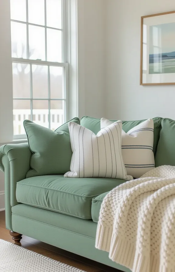 Medium shot living room corner featuring plush sage