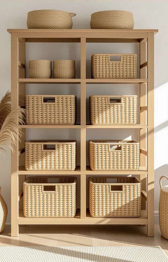 Three-quarter view living room shelf unit freestanding light