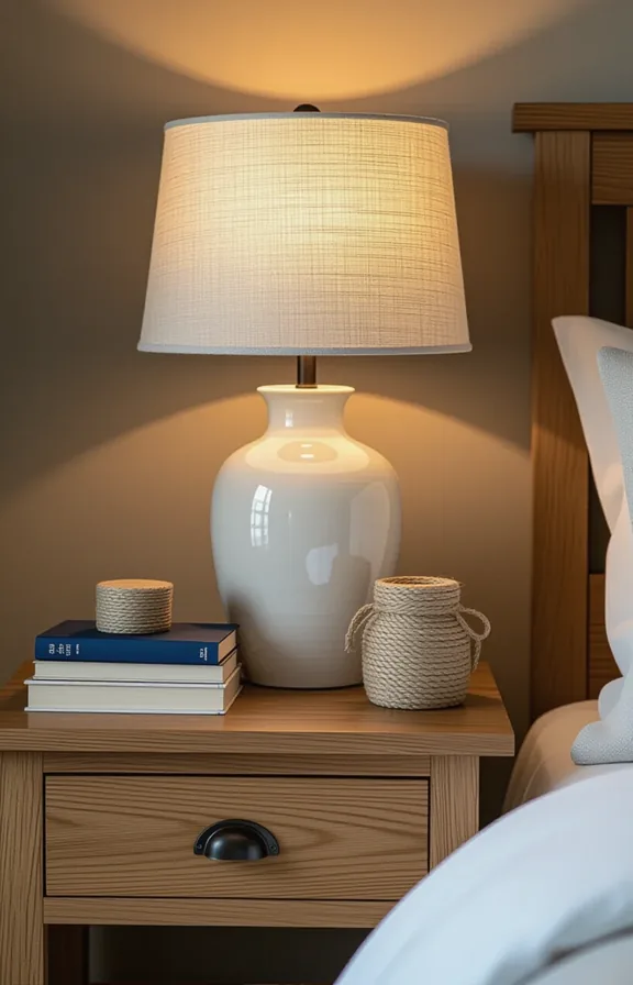 three-quarter view wooden bedside table. white ceramic table