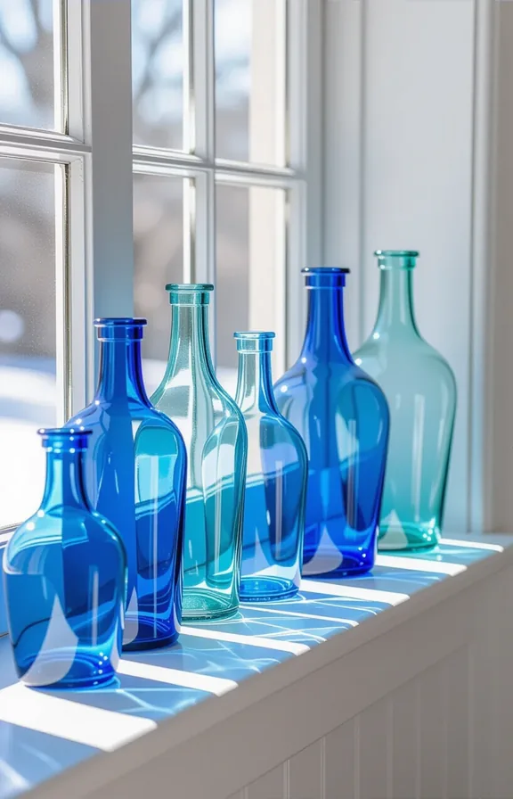 Detail shot collection blue glass bottles and vases