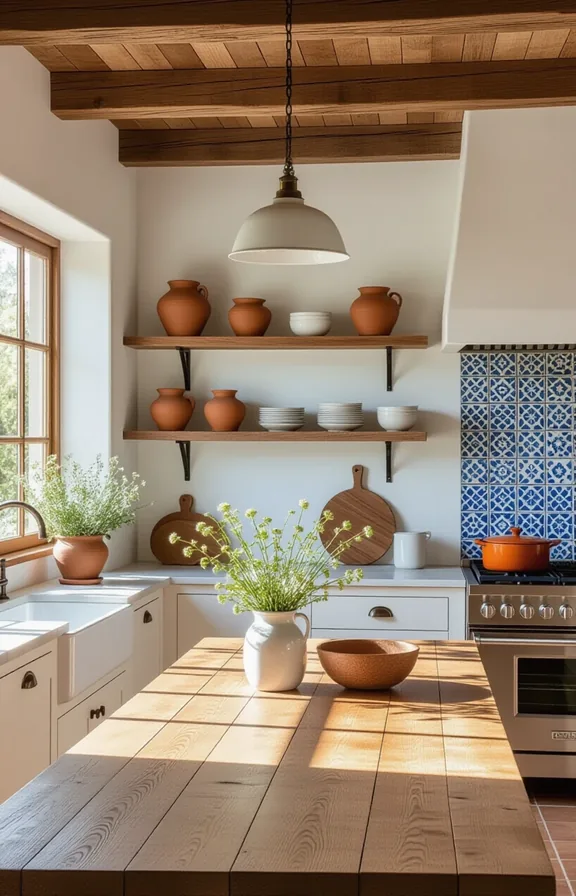 Medium sun-drenched kitchen with open shelving displaying terracotta