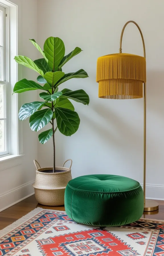 Wide indoor jungle corner with large fiddle leaf