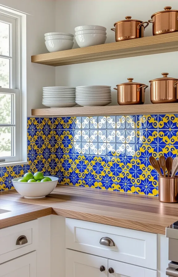 Medium kitchen backsplash moment with handmade Mexican Talavera