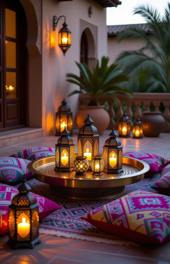 Wide three-quarter view Moroccan-inspired terrace with low brass