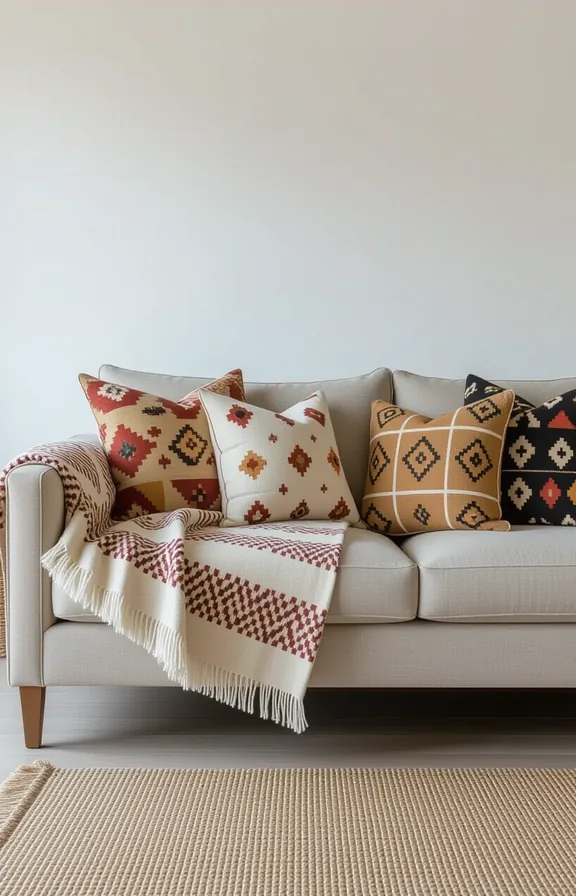 Medium globally inspired textile layering neutral sofa mudcloth
