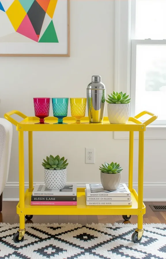 Wide three-quarter view retro lemon yellow bar cart