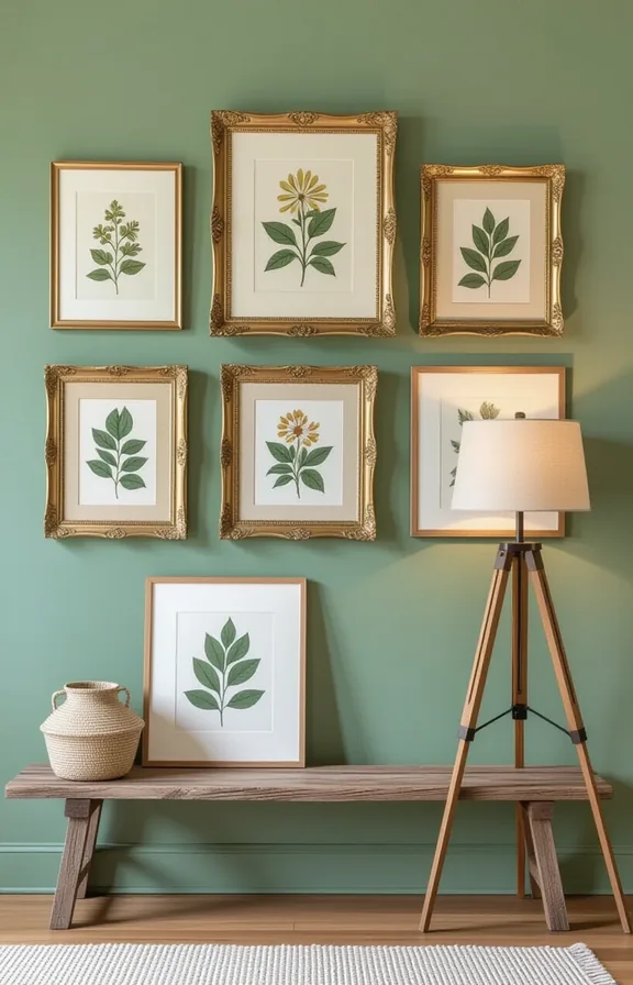 Wide eclectic gallery wall using salvaged wood and gold frames on a light blue wall.
