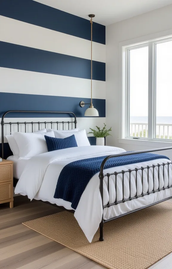 Wide seaside stripe bedroom accent wall painted wide