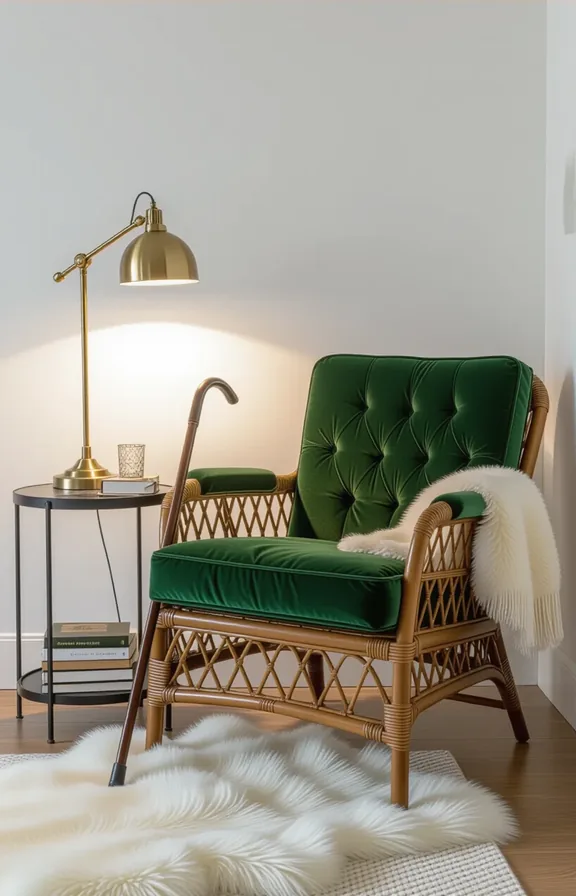 Medium cane and velvet lounge chair reading corner