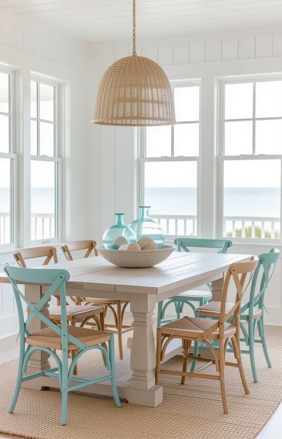 Wide three-quarter view coastal dining room with long
