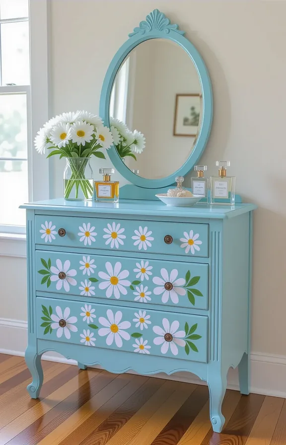 Close medium shot painted floral dresser top the