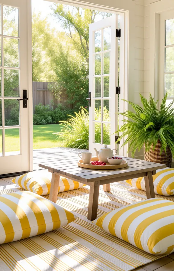Medium summer picnic breakfast nook with low wooden