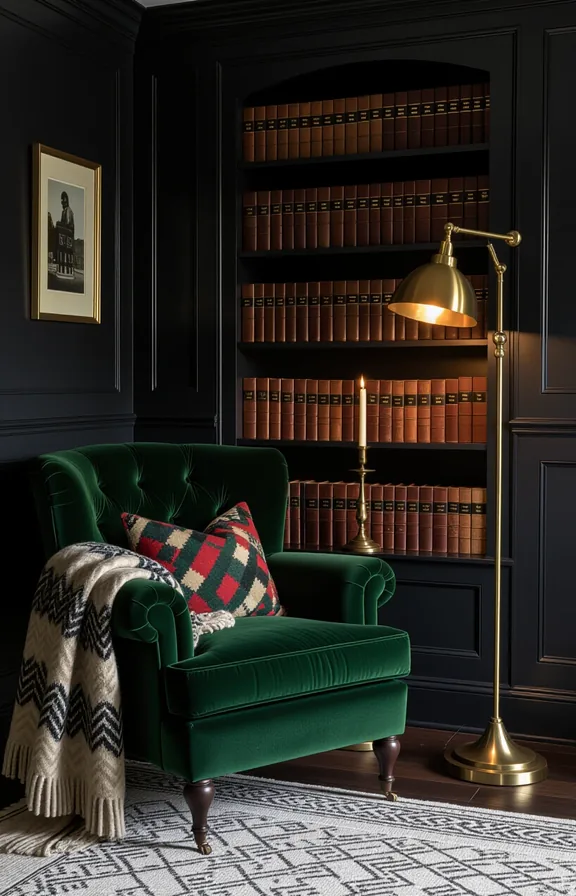 dark moody bedroom nook with deep green velvet
