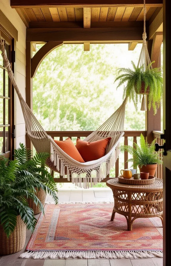 Medium three-quarter view boho porch corner with colorful