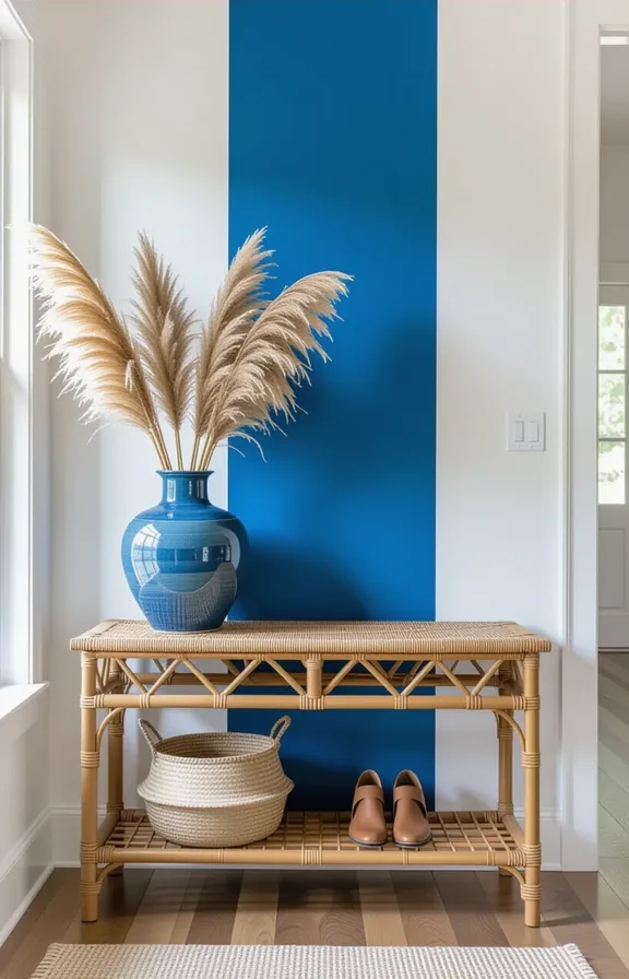 Wide entryway with single bold blue stripe painted