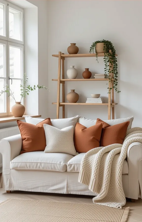 Medium Scandi Boho living room vignette with pale