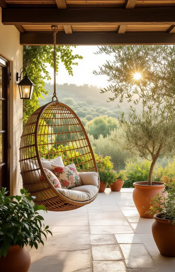 Wide three-quarter view patio with natural rattan hanging
