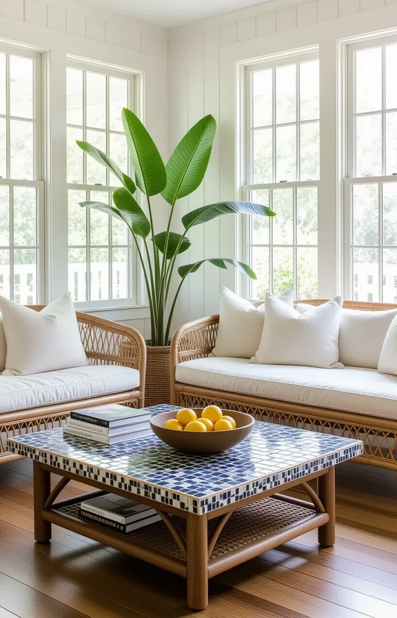 sunroom with mosaic-tile topped coffee table made from