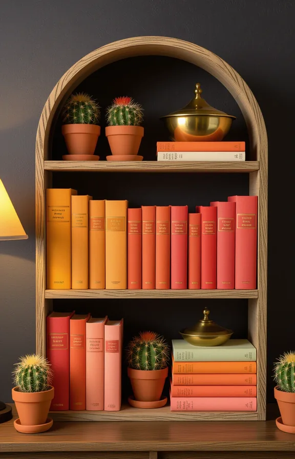 Medium three-quarter view bookshelf styled with desert sunset