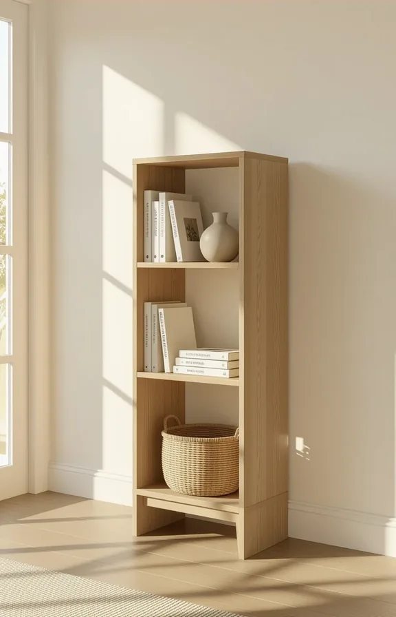 3/4 view standalone slim bookcase placed perpendicular wall