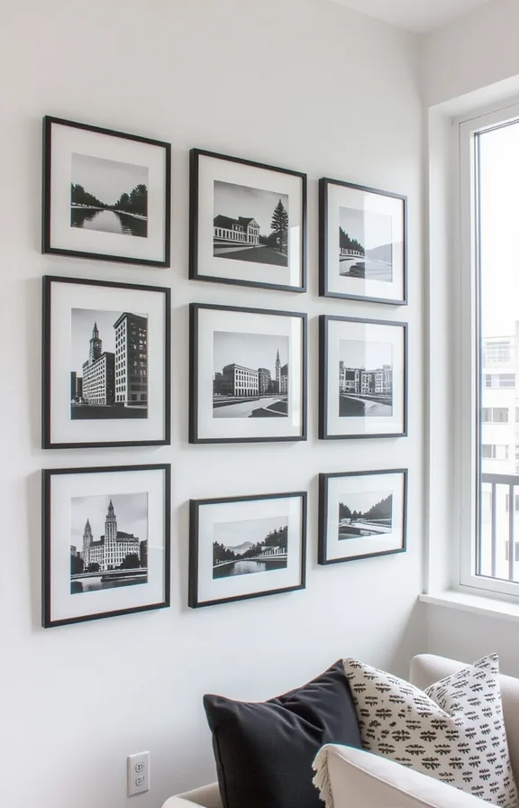 wide vertical shot curated gallery wall plain white