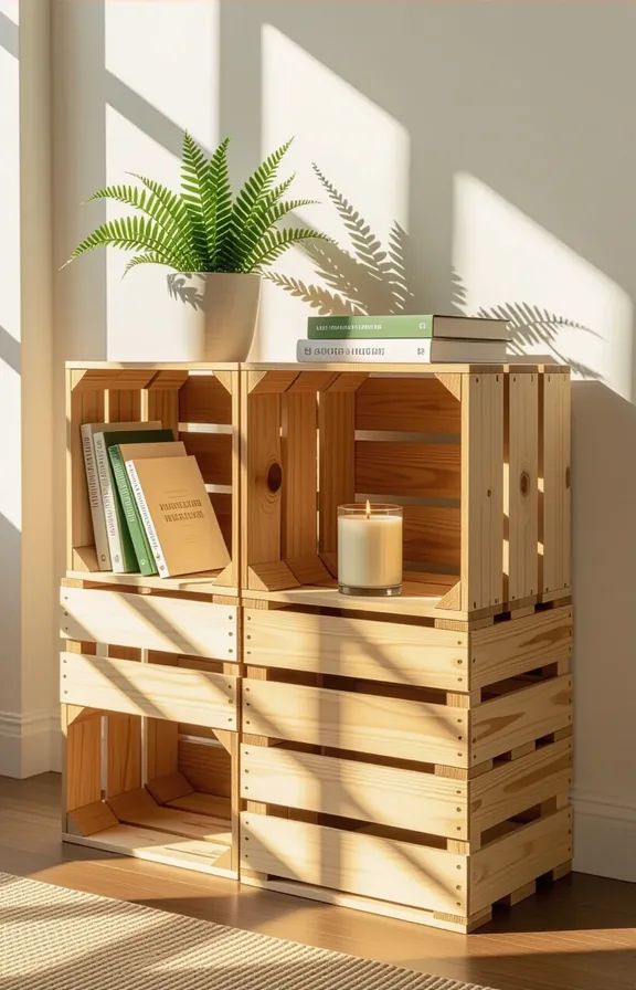 eye-level view three sturdy unfinished wooden crates stacked