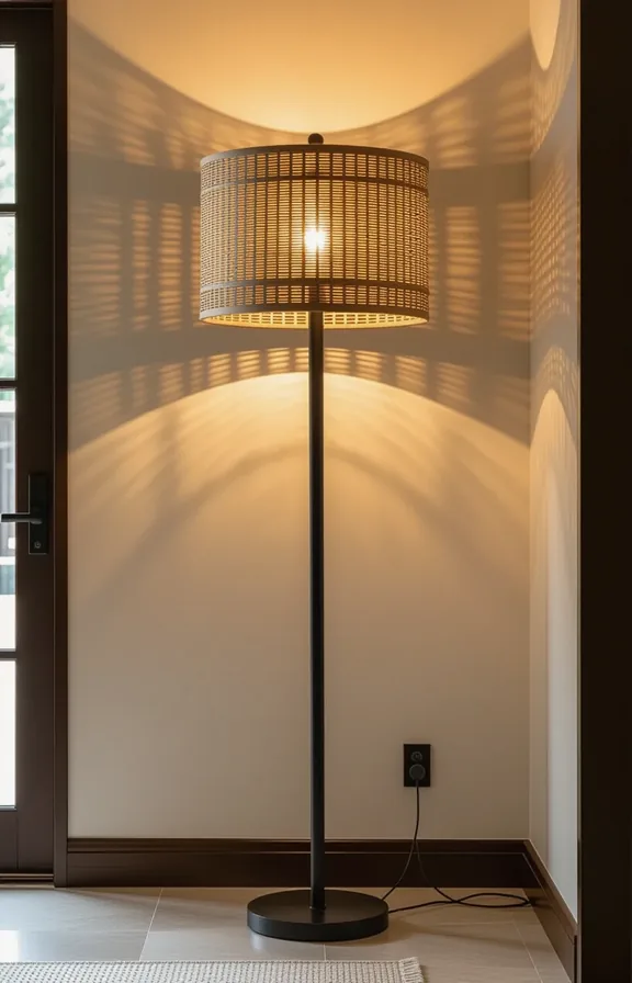 3/4 view tall arching floor lamp placed just
