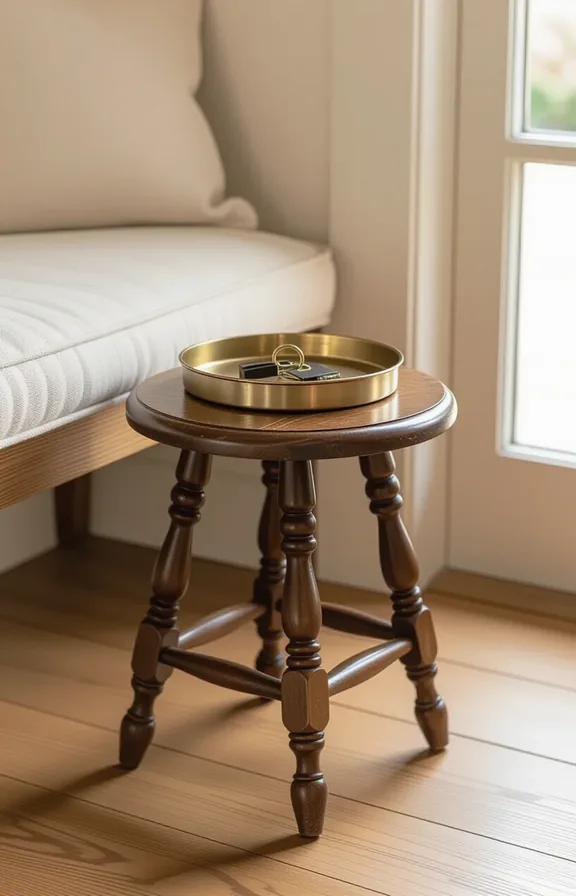 eye-level view small round vintage wooden stool serving