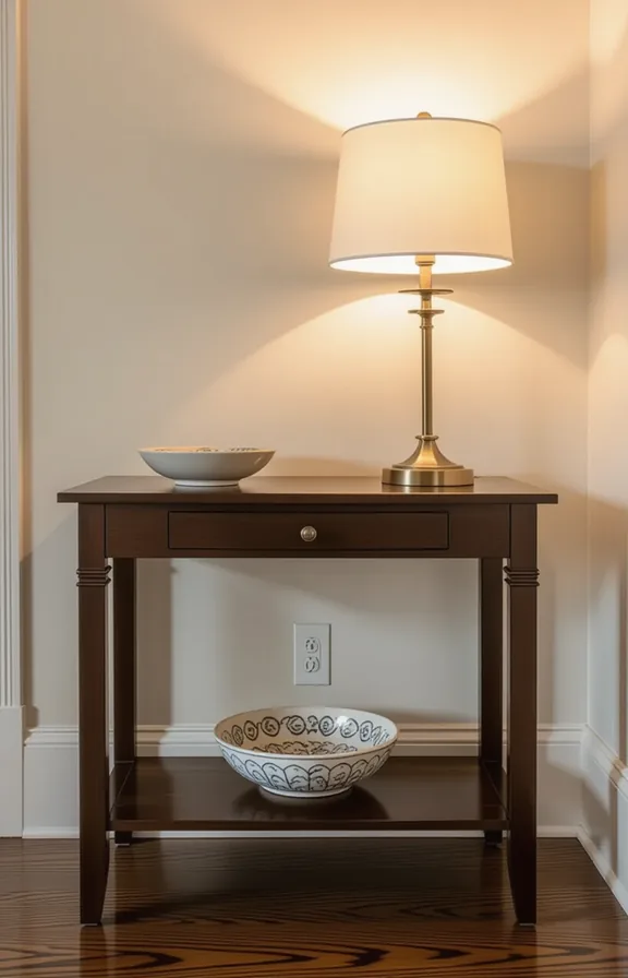 eye-level view narrow dark wood console table placed