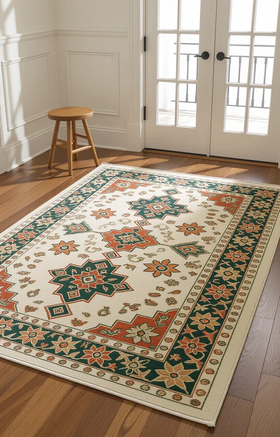 wide vertical shot large patterned area rug laid