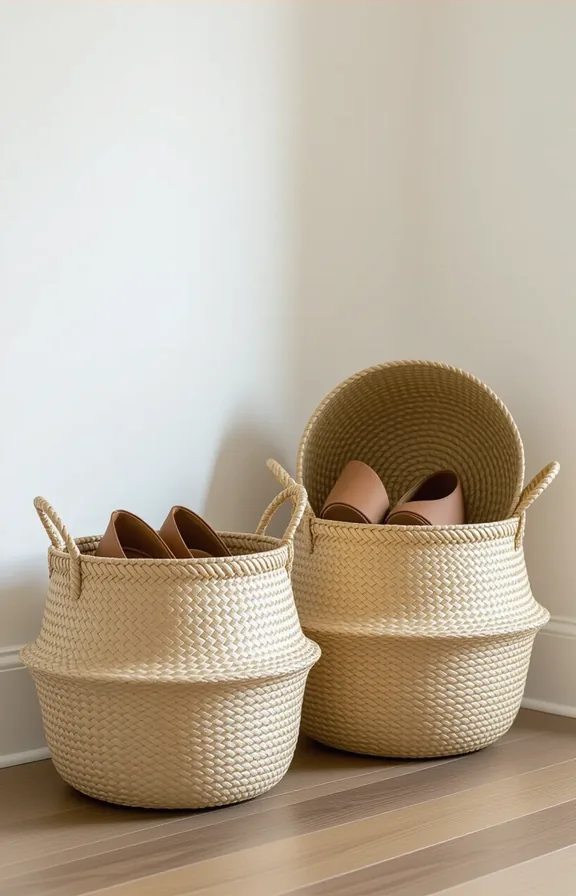 eye-level view two large natural woven baskets placed