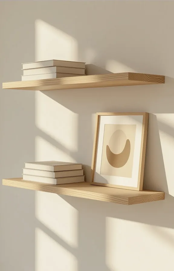 medium 3/4 view two slim floating wooden shelves