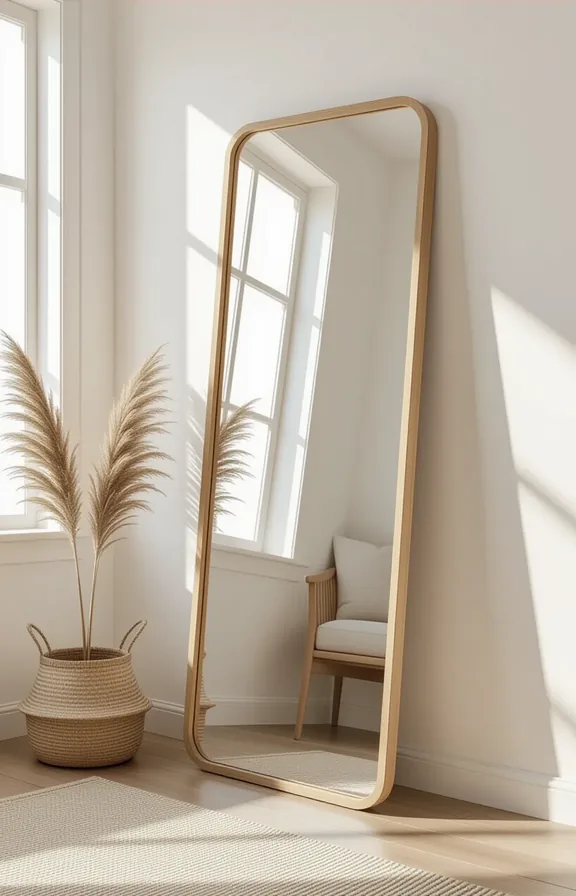 eye-level view tall leaning floor mirror propped against