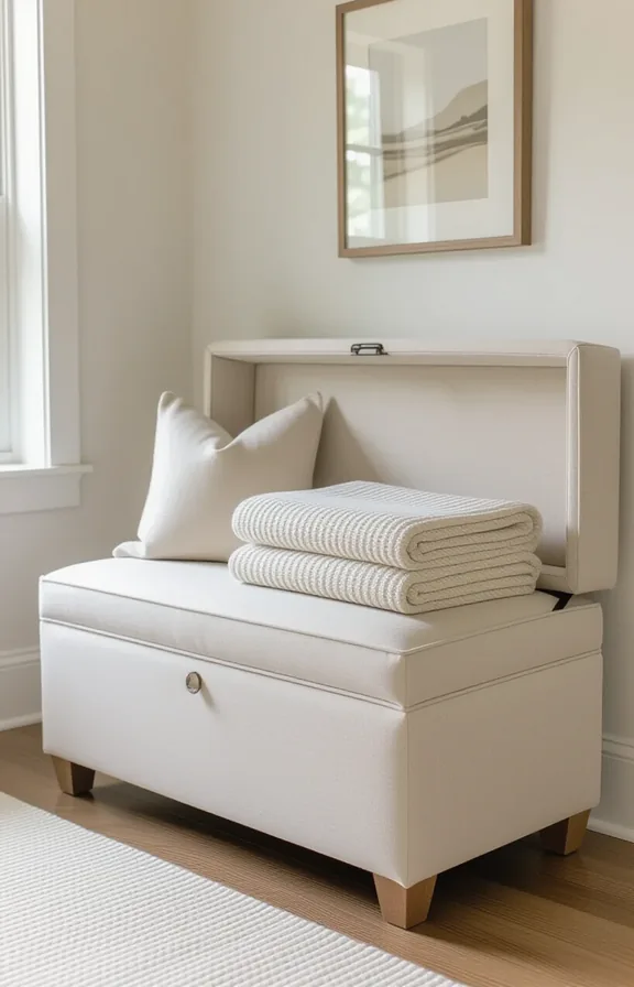3/4 view compact upholstered storage bench placed the