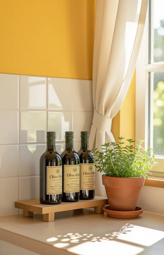 Eye-level view bright kitchen corner. small freestanding shelf